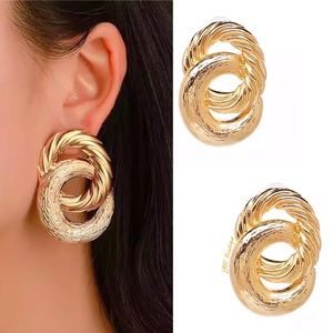 New Shiny Gold Textured Circle Link Post Fashion Statement  Earrings